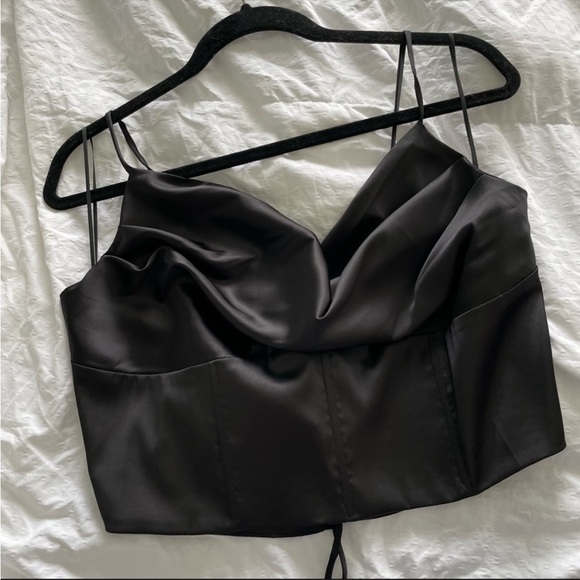 New Black Bustier Style Satin Crop Top with CrissCross adjustable straps NWOT - Picture 3 of 8